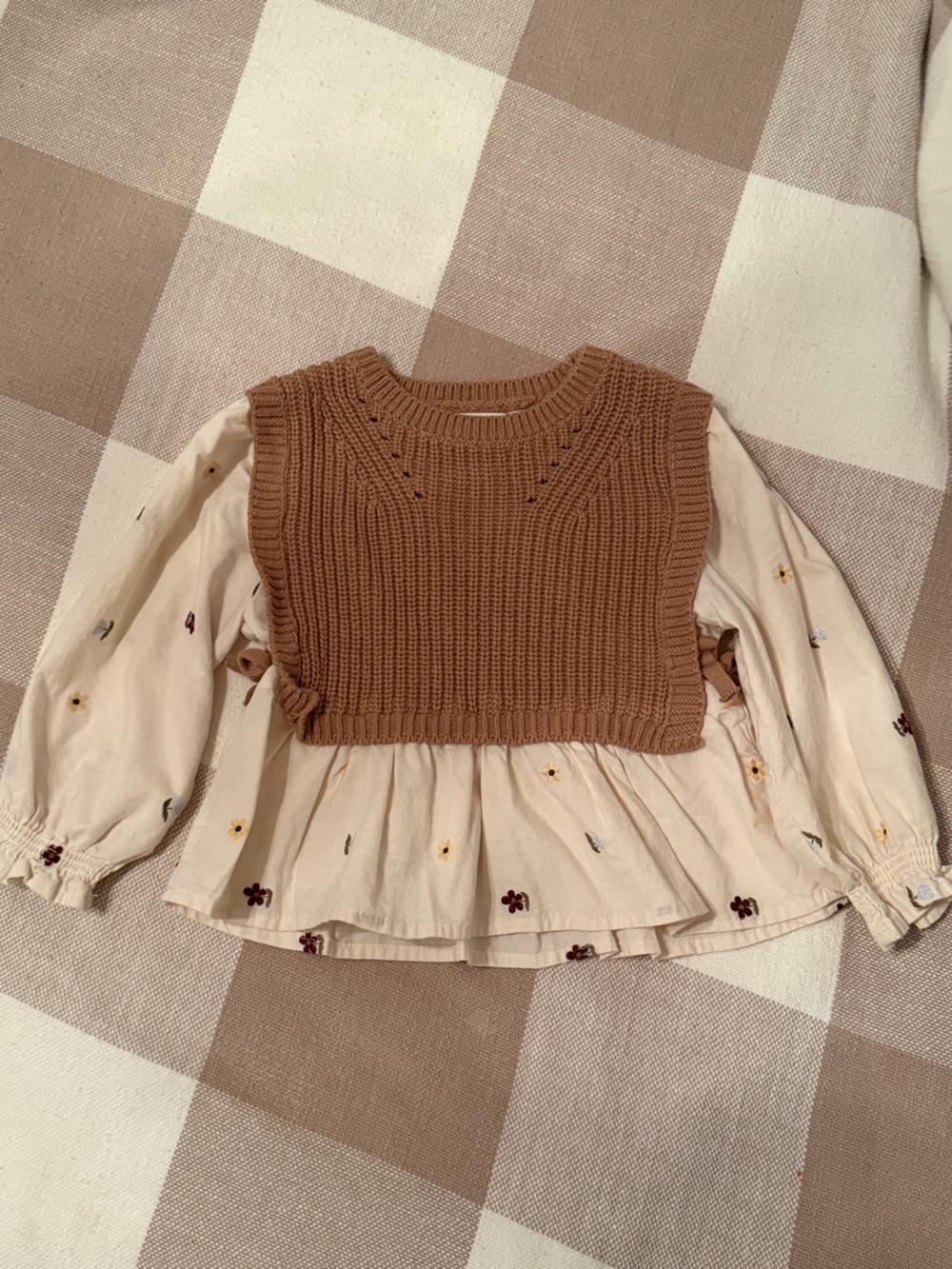 Zara Cream Floral Blouse with Brown Knit Vest